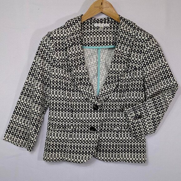 CAbi Blazer Cropped Jacket 3/4 Sleeve 2 Button Black & White Circles Size 6 - Picture 2 of 14
